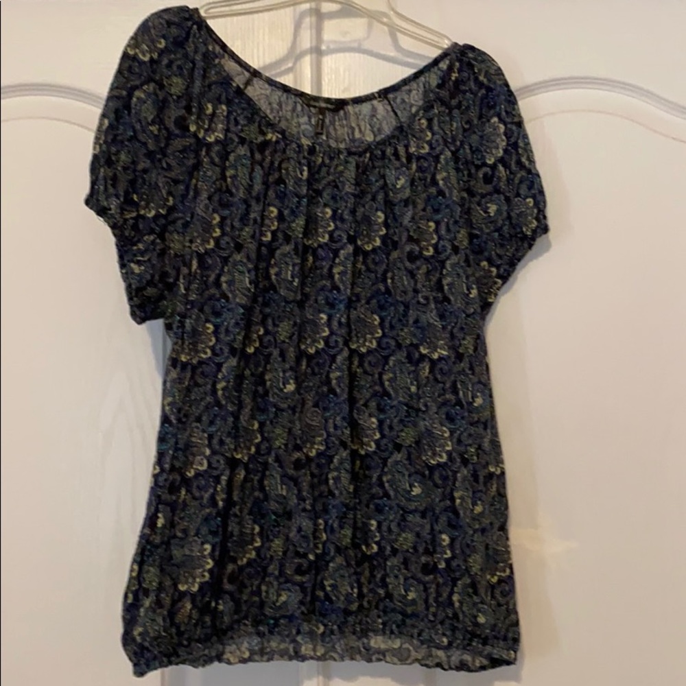 Navy floral blouse.
